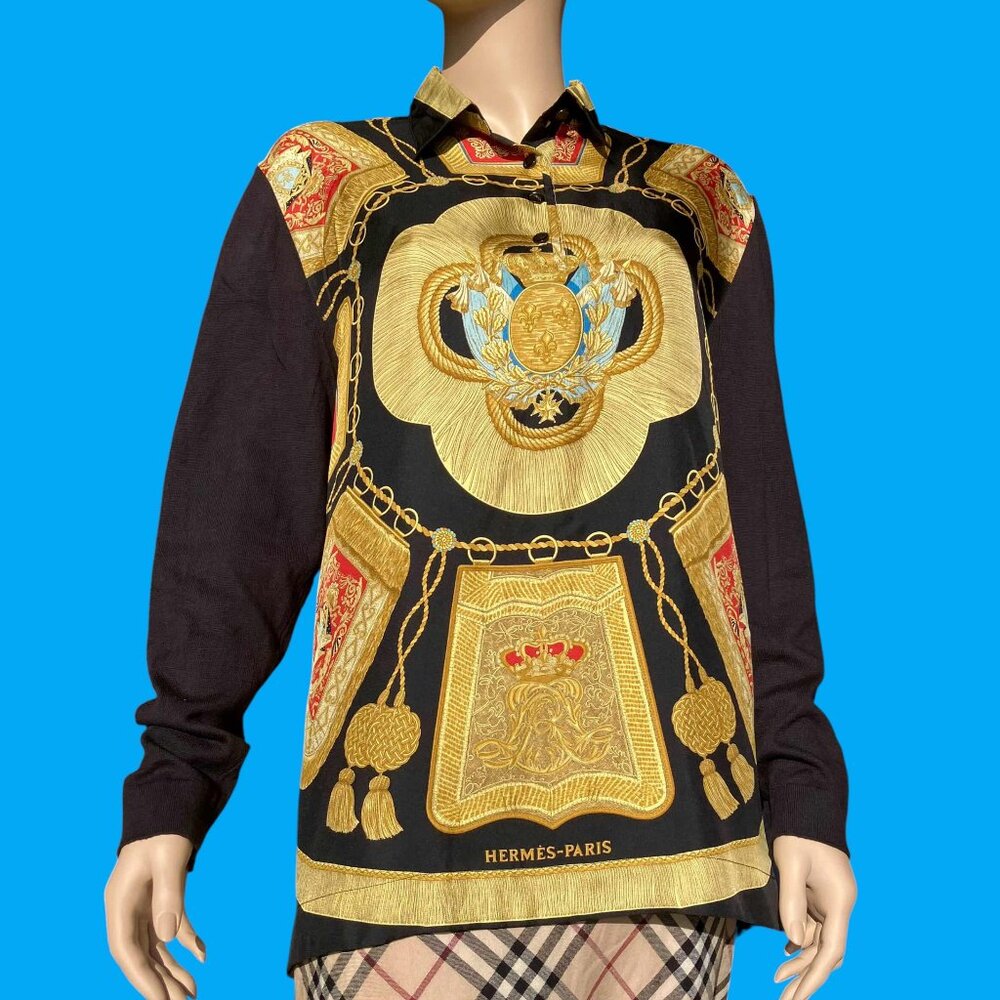 Vintage 90s Hermes Paris Byzantine Print Gold Silk Long Sleeve Shirt Size L
